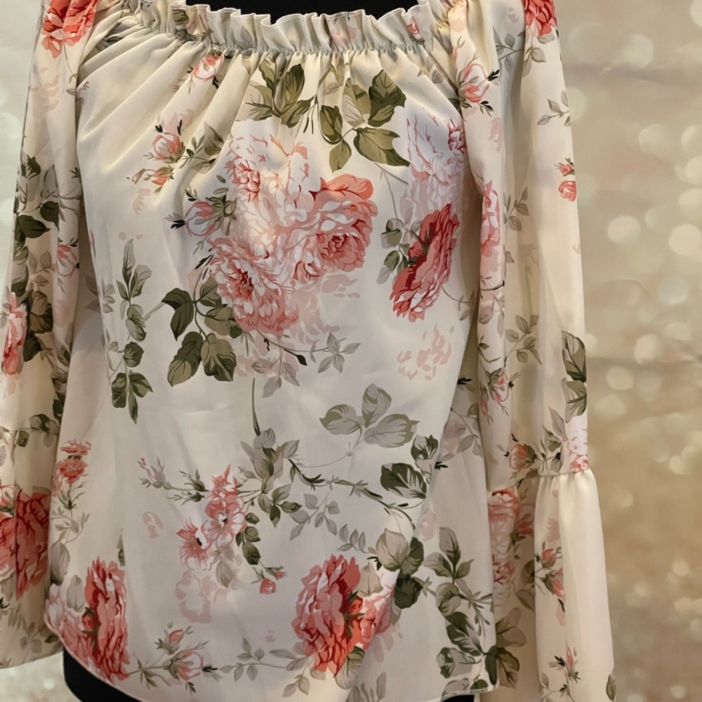 Shein S Off White Floral Blouse Off Shoulder Flowy with Bell Sleeves - Picture 7 of 8